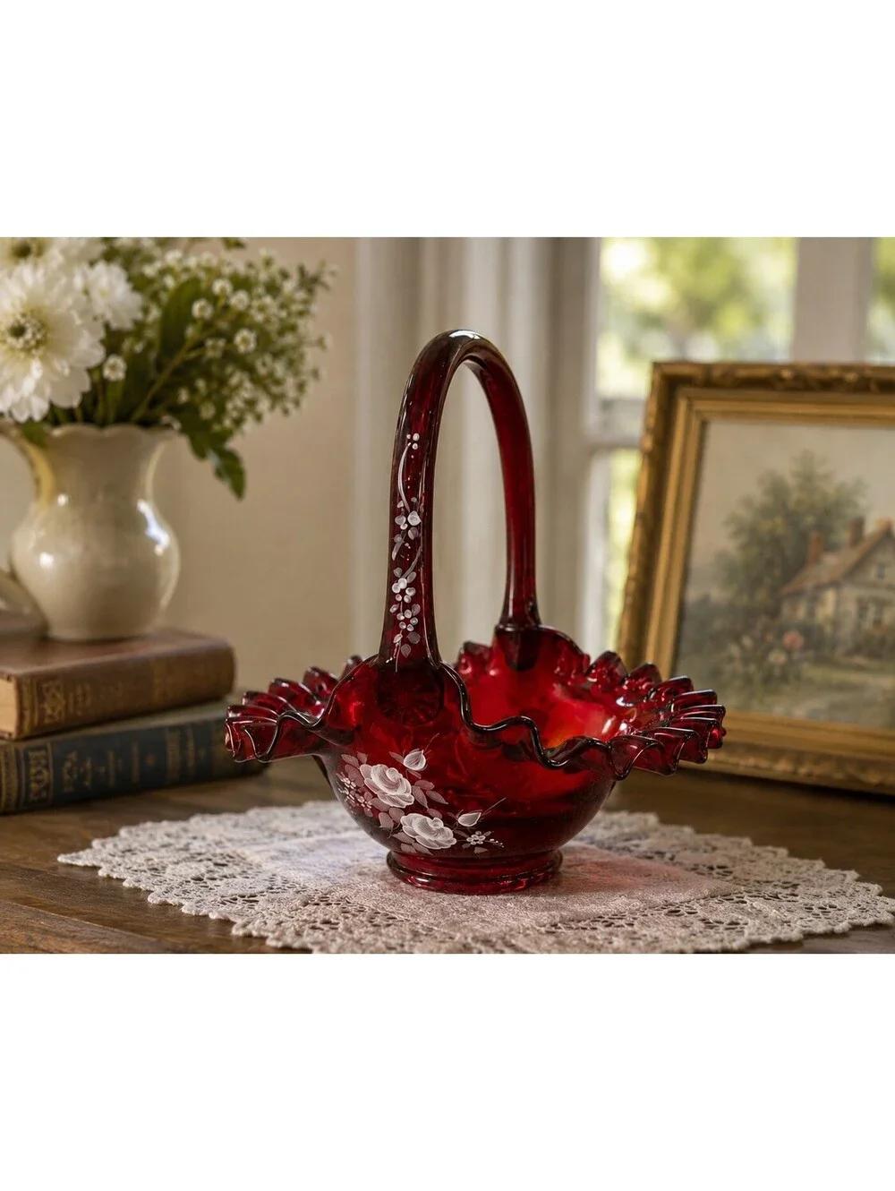 Vintage Fenton Ruby Red Hand Painted Flower Ruffled Art Glass Basket Signed